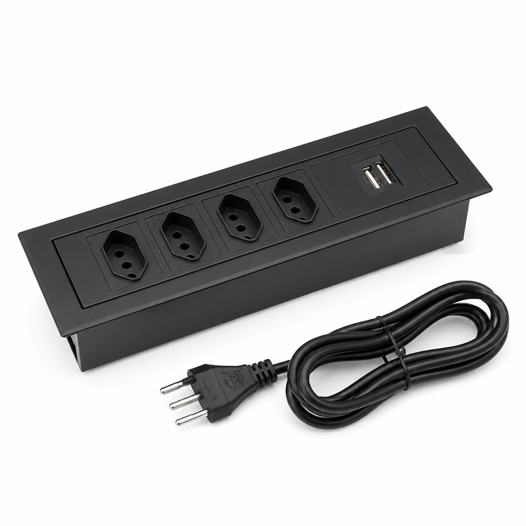 Caixa de Tomada C/ 3 Tomadas + 2 USB Preta